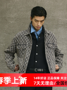 GXG男装春新款满印提花水洗休闲时尚潮搭牛仔夹克外套 G25XE81006