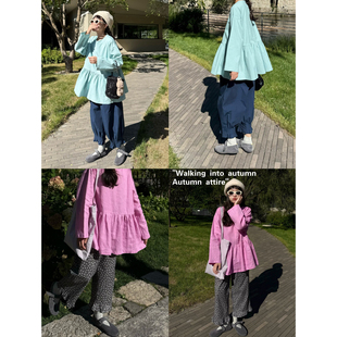 猴子家定制春夏圆领后系扣色织亚麻娃娃衫瀑布大下摆宽松显瘦衬衫