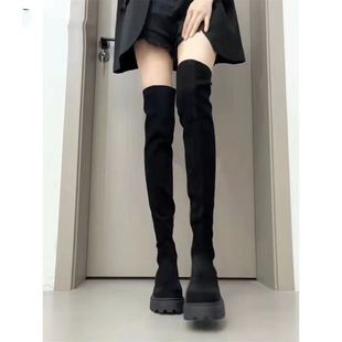 过膝靴女2026秋冬新款小个子长靴学院风长筒弹力靴厚底方头骑士靴