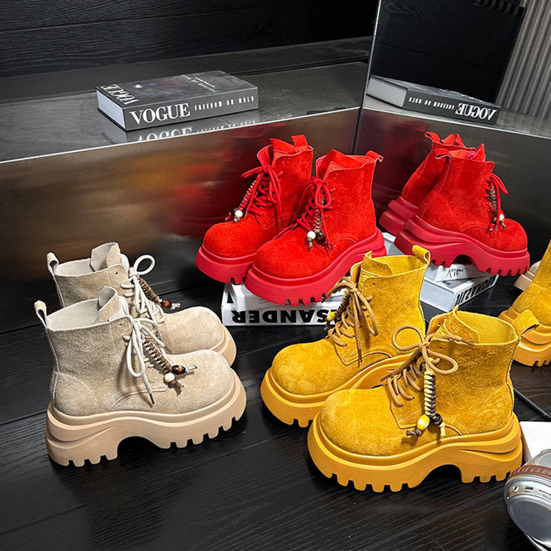 厚底靴子女增高磨砂牛皮松糕跟大红色黄色马丁靴2025年新款韩版潮