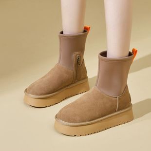 中筒皮毛一体弹力铅笔靴 加绒保暖棉鞋 厚底雪地靴女2025年新款 冬季