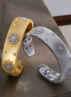 欧美爆款复古夸张精致纯银镀金微嵌锆石镶嵌点缀开口手镯个性大气