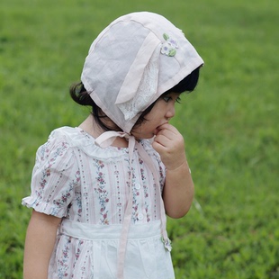 Hanakimi麒美英国春夏苎麻女宝宝小月龄婴儿出院帽子新生儿礼物