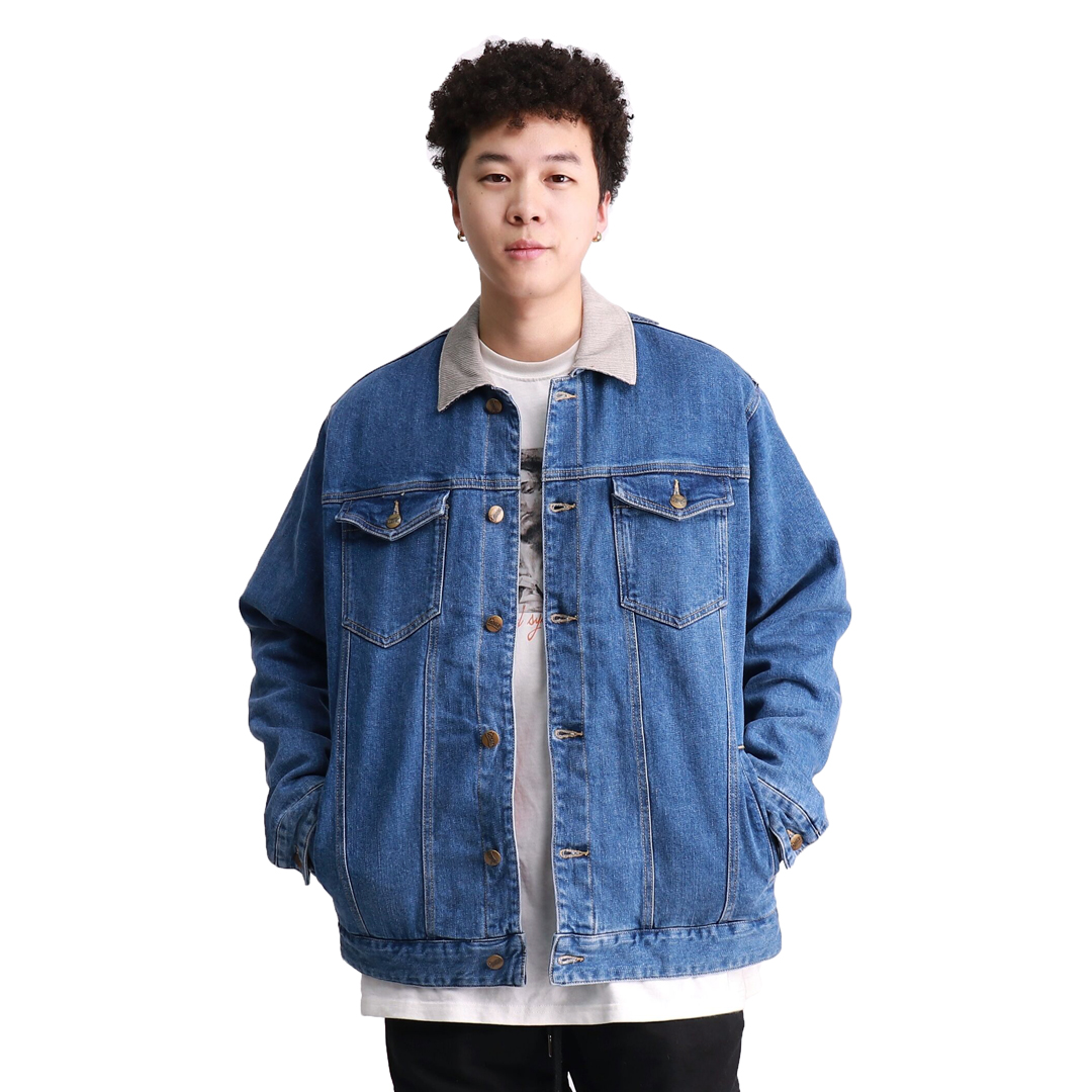 纯色水洗夹克宽松翻领蓝色长袖