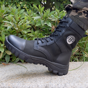 春秋帆布高帮战术靴男安保户外执勤训练靴女黑色网面透气保安鞋子
