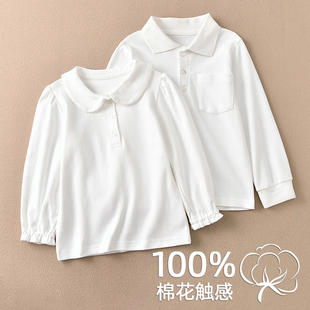 女童纯色POLO翻领打底衫 小女孩白色校服内搭上衣男童纯棉长袖 衬衫