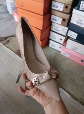 靓典高跟鞋女细跟2025春季新款蝴蝶结单鞋时尚女鞋19A026杏色