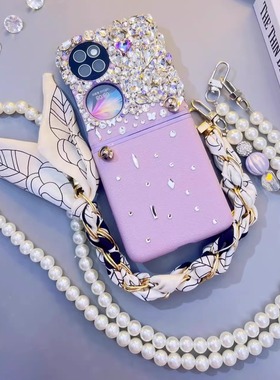 适用于华为HUAWEI Pocket 2高级感紫色皮质闪钻手机壳宝盒P50 PocketS手提镶钻花朵奢华紫宝石外壳高档保护套