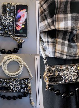 原创设计适用三星Galaxy ZFold7/6/5/4/3折叠屏奢华灰色大宝石贴钻手机壳镶钻幻彩水晶闪钻透明壳手提斜挎壳