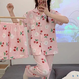 开衫 短袖 睡衣女生春夏秋季 包邮 休闲b 三件套装 薄涤纶 长裤 3件 短裤