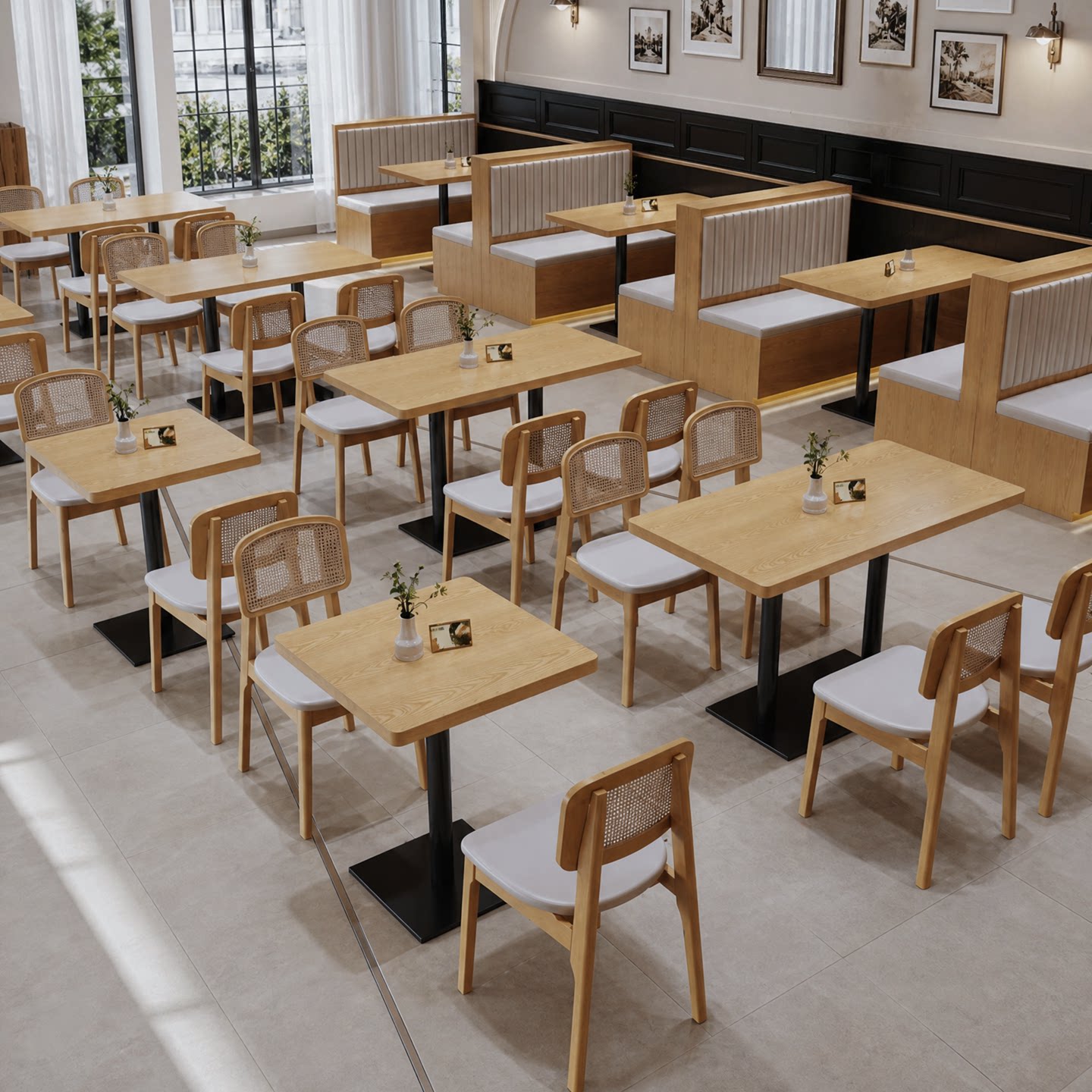 卡座餐桌椅组合餐饮店实木餐桌椅商用面馆糖水铺主题餐厅储物卡座图片