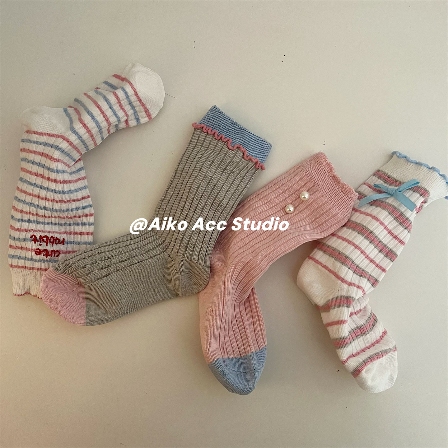 AIKO ACC 韩国女童春夏双针中筒珍珠条纹小兔棉袜学院风甜美系