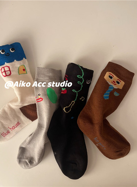 AIKO ACC韩国儿童秋冬新款童趣表情中筒棉袜无骨男女童