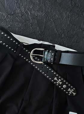 真皮铆钉皮带男复古美式朋克y2k腰带十字架cleanfit牛仔裤ins裤带