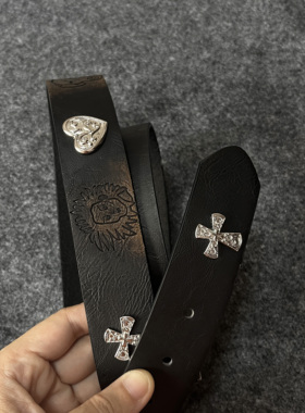 cleanfit复古十字架皮带男款做旧朋克风潮黑腰带配饰女设计感小众