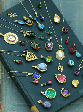 复古项链莱茵石琉璃吊坠925纯银