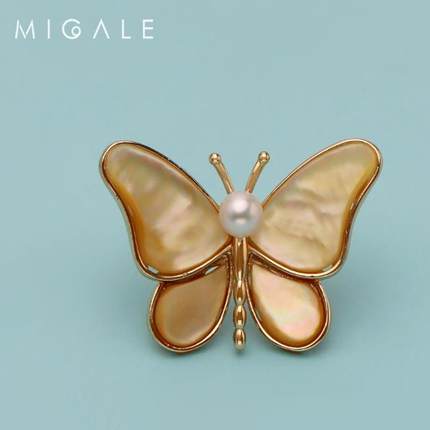 【JG】淡水白珍珠蝴蝶海贝胸针【有核】 6-7mm C1099