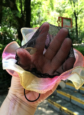 新款儿童芭蕾舞蹈丸子头发网套女孩洋气雪纱花边盘发网兜头花抽绳