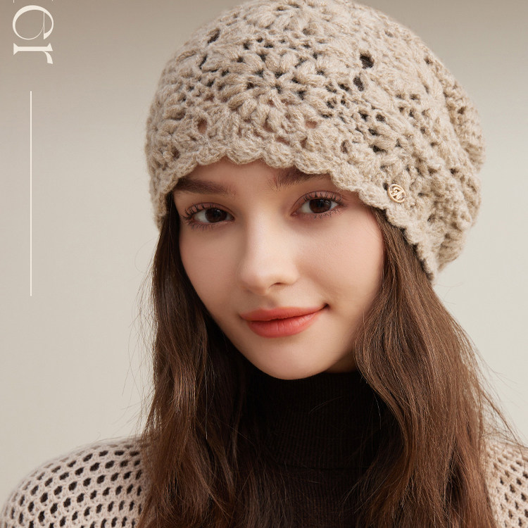 CACUSS手工钩花镂空堆堆帽子女秋季新款含羊毛编织毛线帽针织冷帽