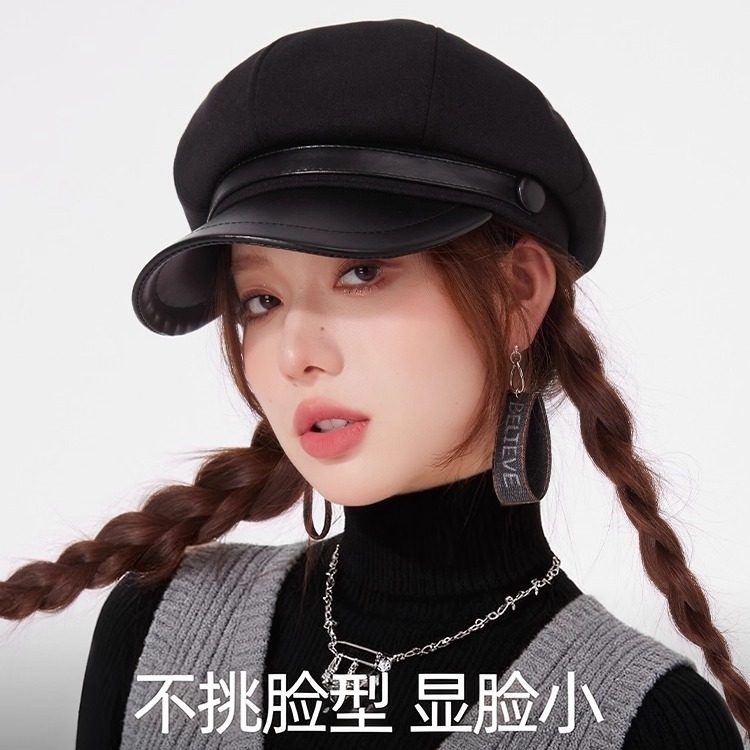 CACUSS贝雷帽女秋冬复古八角画家帽大头围韩系显脸小百搭帽子黑色