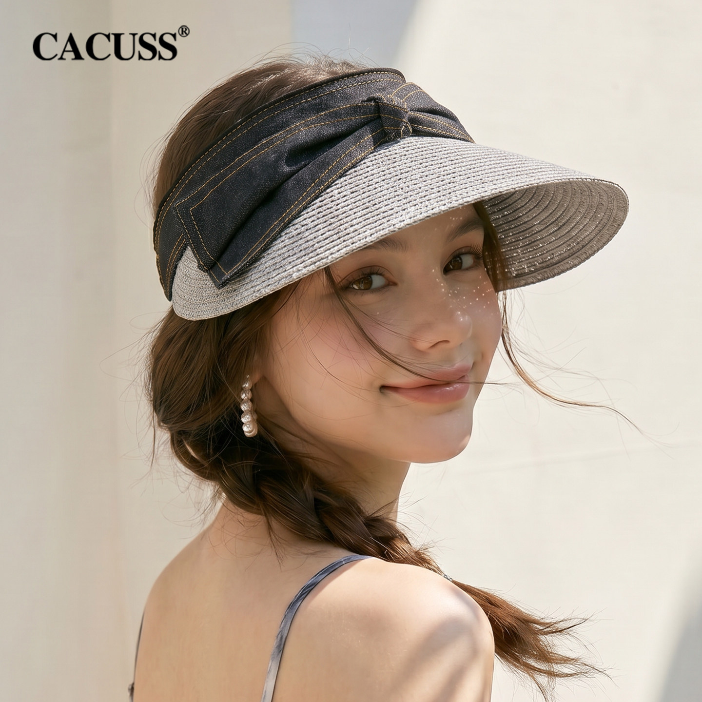 CACUSS空顶草帽女夏季户外牛仔拼接草编遮阳帽子大帽檐时尚太阳帽