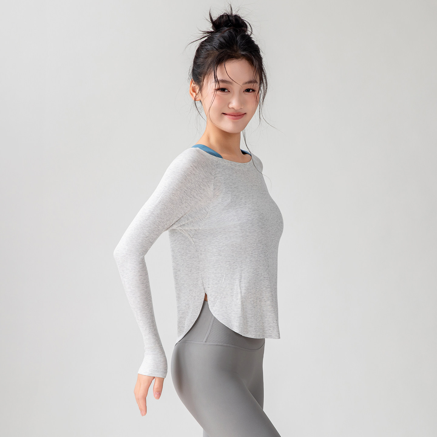 莫代尔罗纹春秋瑜伽长袖户外运动上衣女宽松显瘦瑜伽服T恤罩衫