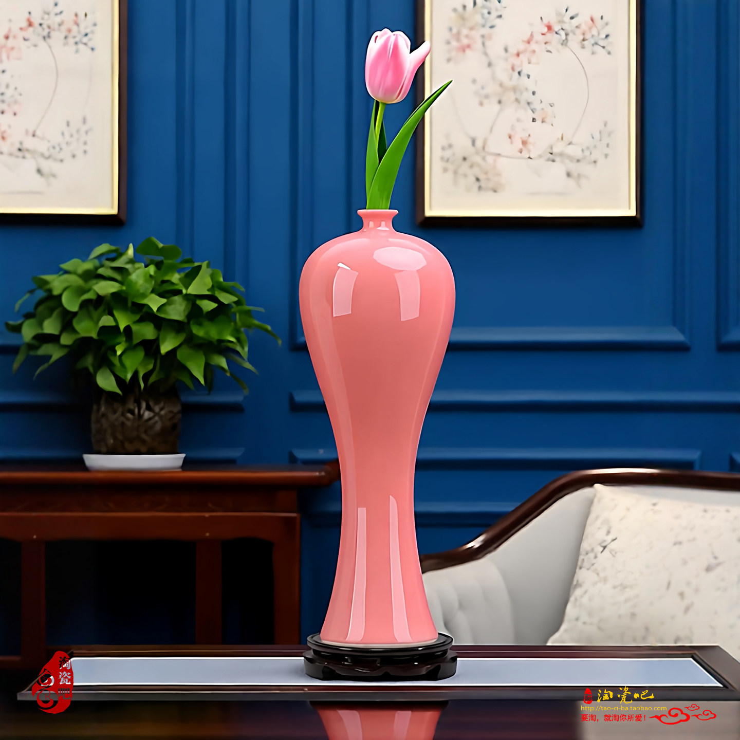 高级感粉色陶瓷美人瓶景德镇颜色釉花瓶梅瓶插花器新中式客厅装饰