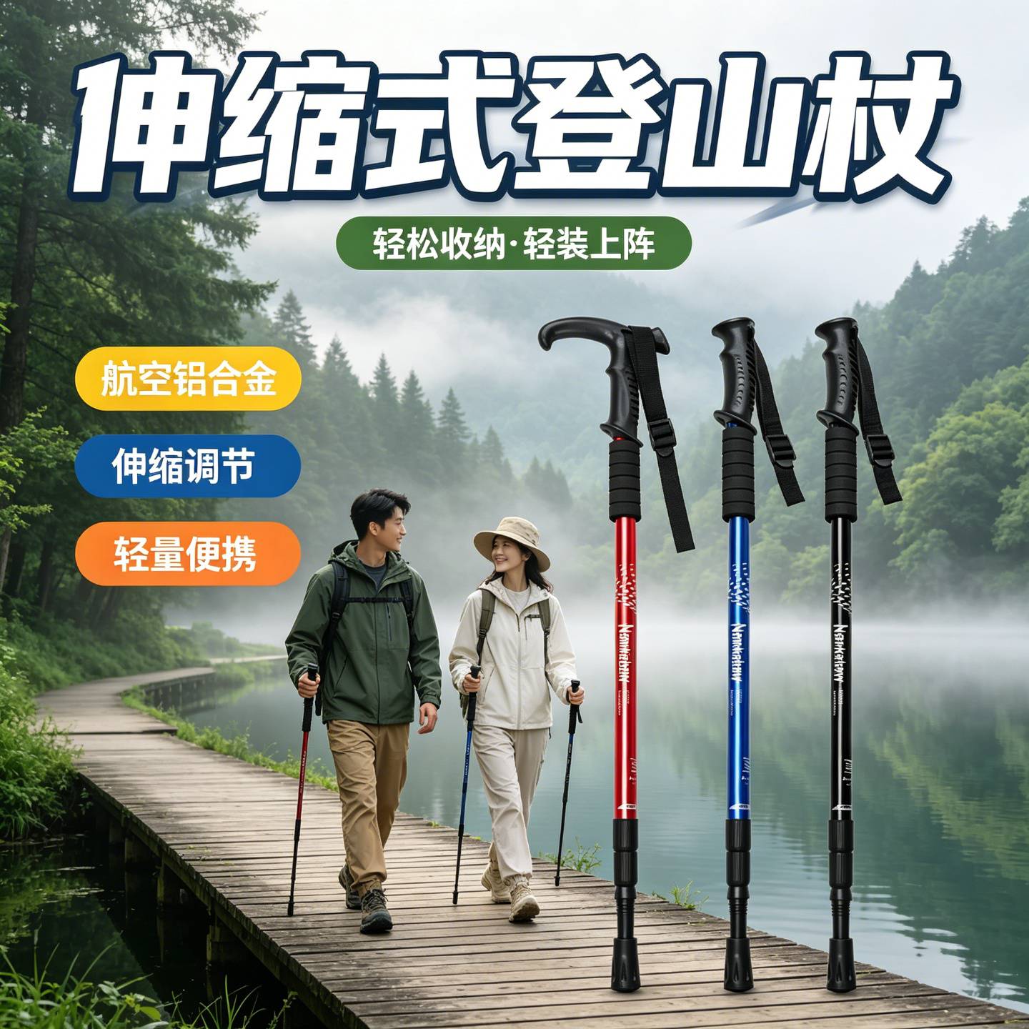 伸缩便携式登山杖超轻折叠外锁图片