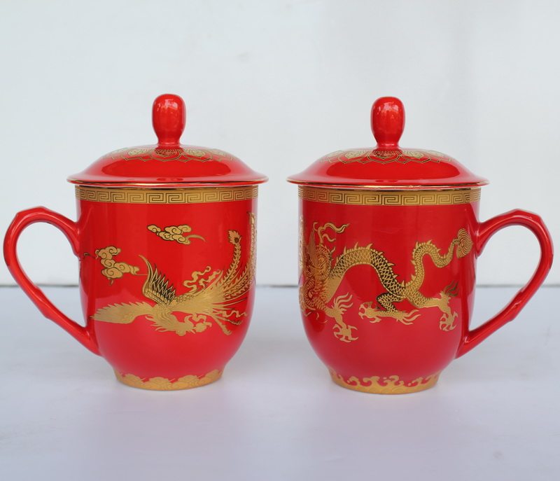 中国醴陵瓷器 龙凤 情侣对杯 婚庆结婚陶瓷 个性泡茶杯带盖红瓷