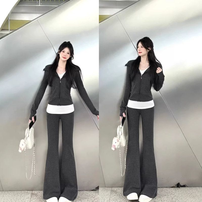 2026春秋季新款灰色条纹休闲运动套装女装小个子连帽卫衣时尚外套