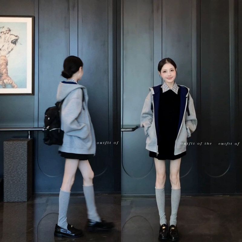 2026新款灰色卫衣外套女款连帽韩系撞色上衣设计感小众春秋季穿搭