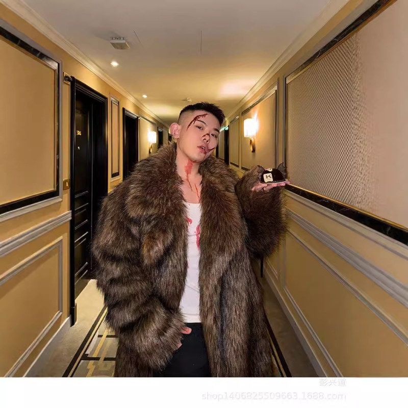 欧美新款上市直下摆优质仿皮草大衣人造毛外套仿狐狸毛西服领狼毛