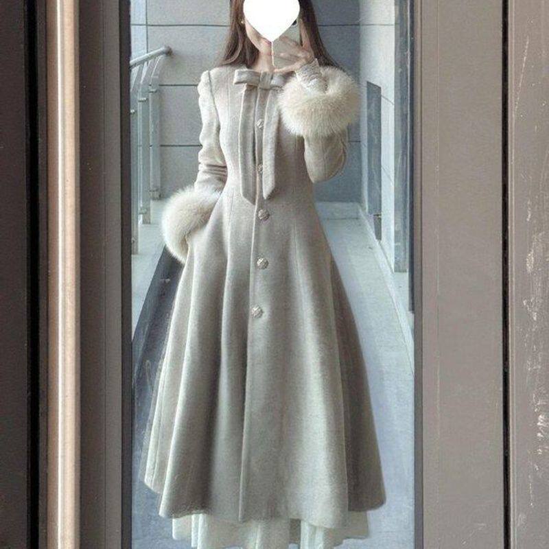 韩版呢子优质复古气质收腰长袖冬装新款外套百搭毛呢大衣女有吊牌