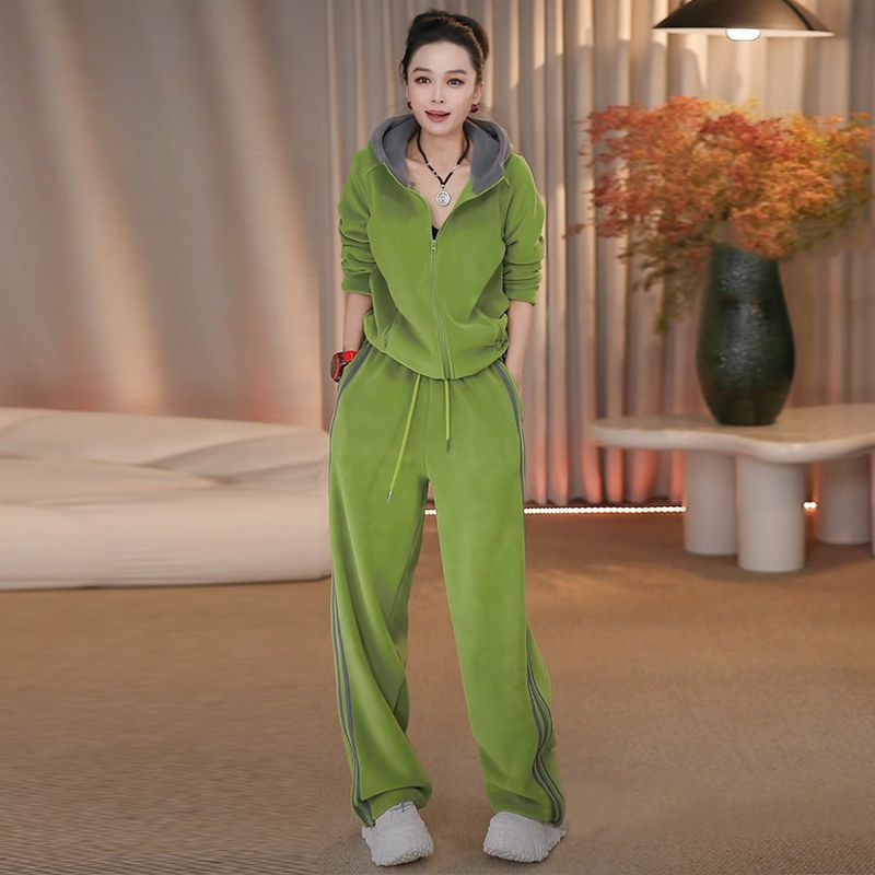 连帽显瘦加绒外套冬季新款时尚洋气质加厚帽衫卫衣双面抓绒套装