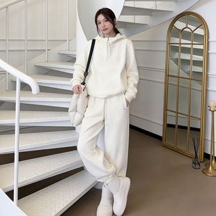 SG新款上市杨依姗加绒加厚半拉链连帽抽绳卫衣松紧腰束脚卫裤套装