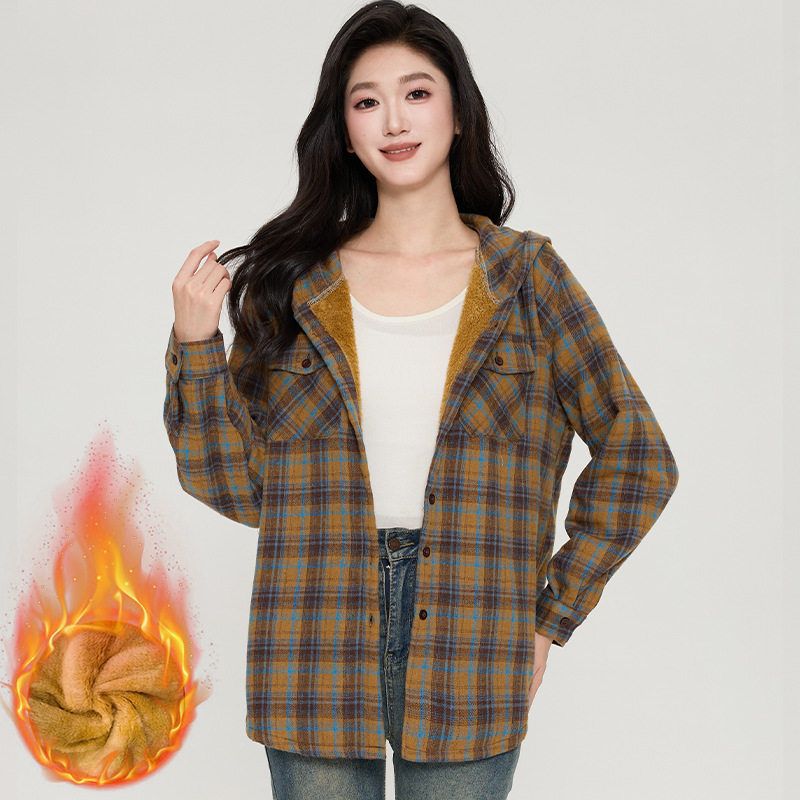 新款职业加绒加厚复古休闲日系连帽圆领女宽松显瘦设计感衬衣外套