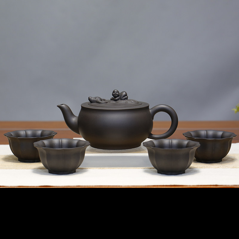 宜兴紫砂壶纯全手工名家送礼整套茶具原矿黑金刚家用功夫牧童套壶