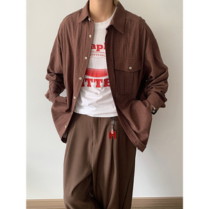复古红翻领红格子衬衫男秋季口袋装饰长袖衬衣 A228/C594/P68图片