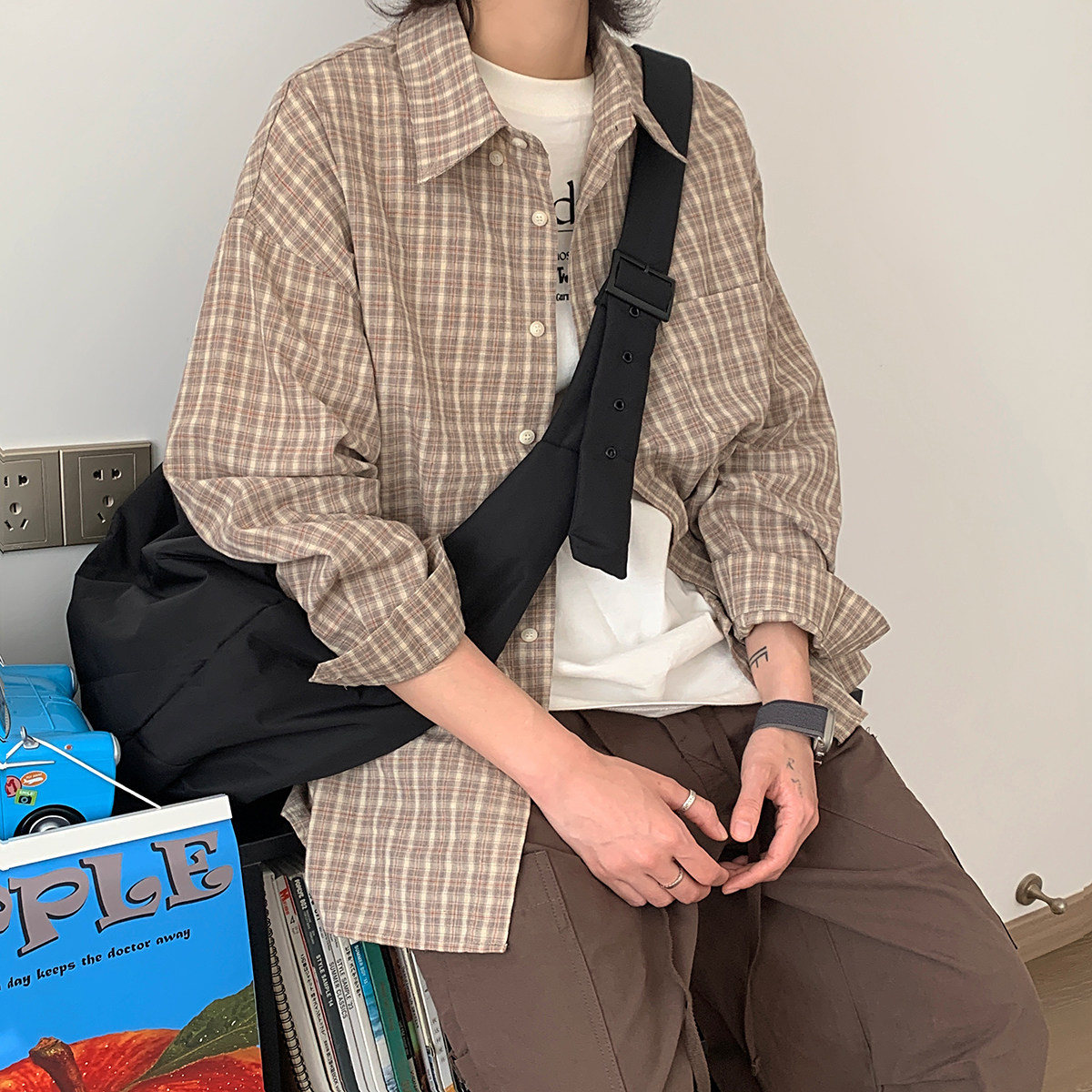 日系复古格子长袖衬衫C580/P68，男装衬衫，电商A228