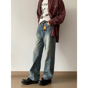 秋季复古做旧牛仔裤斜侧边长裤 A228/K653/P78图片