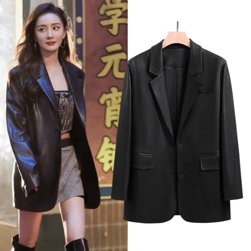 皮西装外套女高级感港风PU皮衣