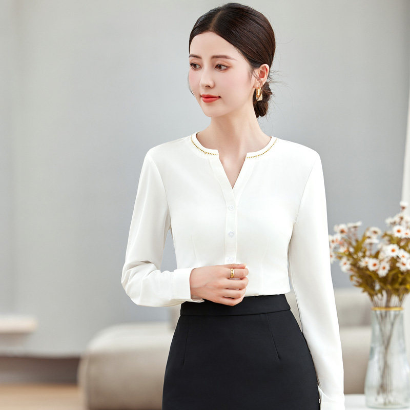 白色衬衫女职业装2024春秋新款韩版雪纺圆领打底衫衬衣工作服上衣