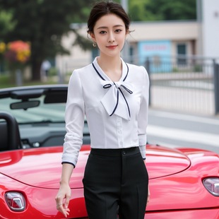 雪纺上衣职业白色衬衣正装 小众长袖 工作服 女设计感时尚 蝴蝶结衬衫