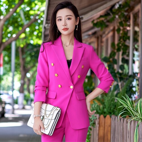 玫红色双排扣职业西装套装女气质主持人西服美容师前台工作服秋冬