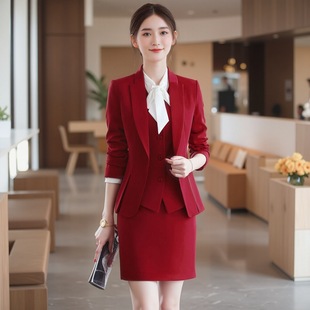 红色职业装短款马甲女酒店服务员制服银行销售马夹工装套装工作服