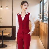 马甲套装 职业装 工作服酒红色马夹背心坎肩外套正装 女士西装 工装