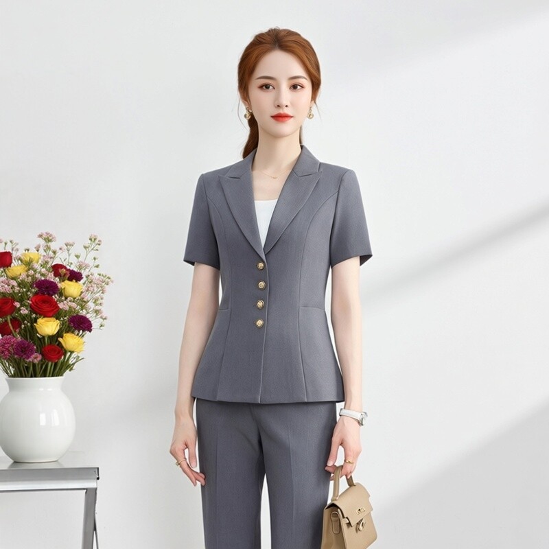 灰色短袖西装套装女职业气质美容院新款经理微喇叭裤西服接待工装