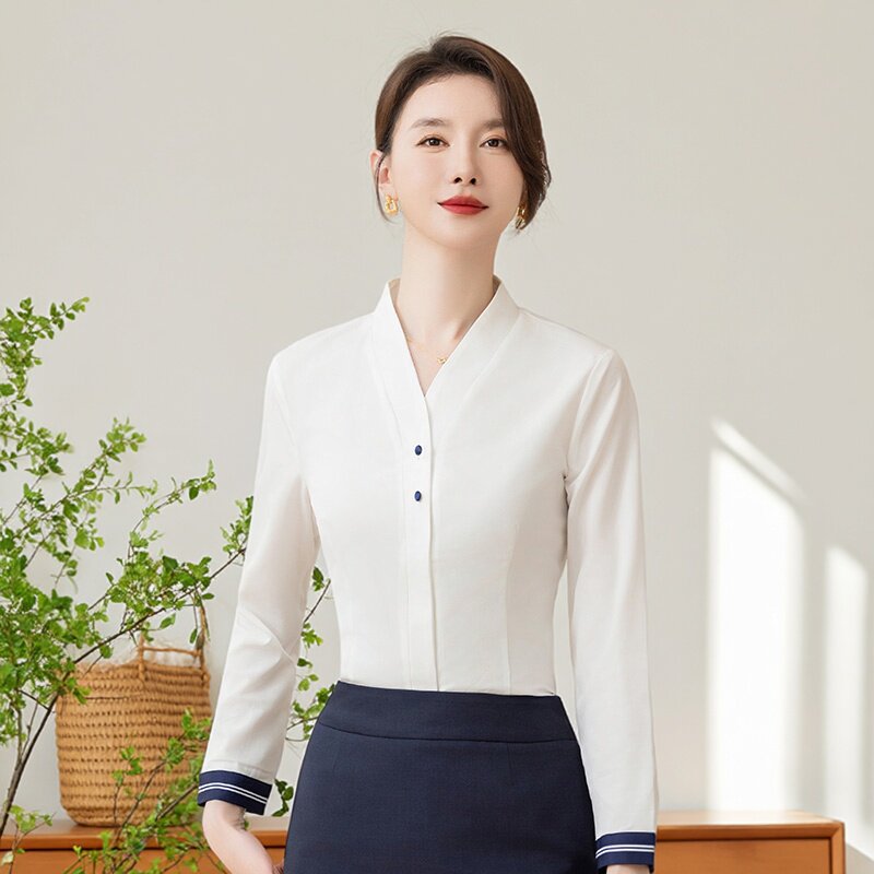 V领白色衬衫女春秋职业南航空姐制服气质长袖衬衣高铁空乘工作服