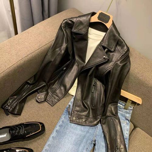 绵羊皮短机车夹克黑色皮衣外套女款春秋2025海宁大码修身显瘦新款