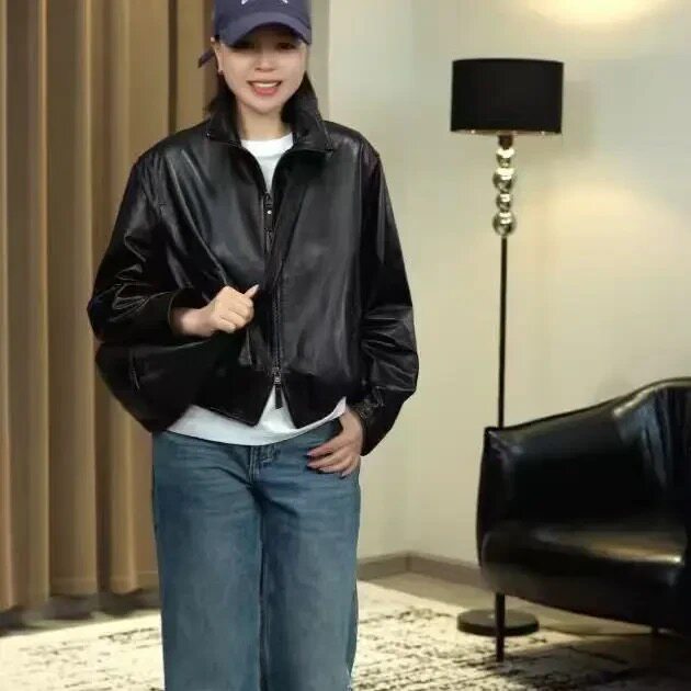 春装真皮绵羊皮短款立领宽松油蜡小个子机车夹克女士外套